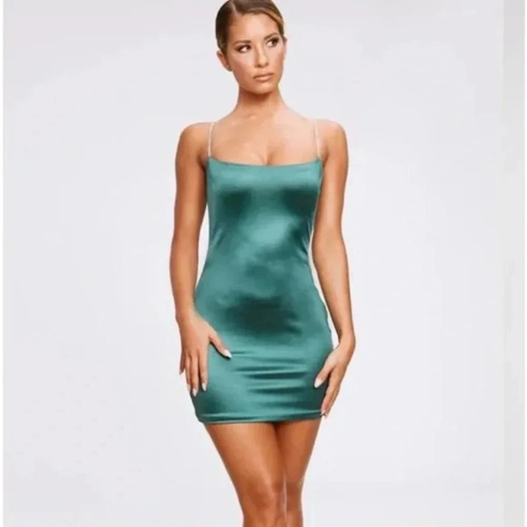 NWT MESHKI Ruby Diamante Strap Mini Dress Emerald Green Size XS - Picture 1 of 9